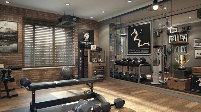 Elite Athlete's Personal Sanctuary Home Gym with HighEnd Equipment Trophies and Motivational Posters for Peak Performance and Success