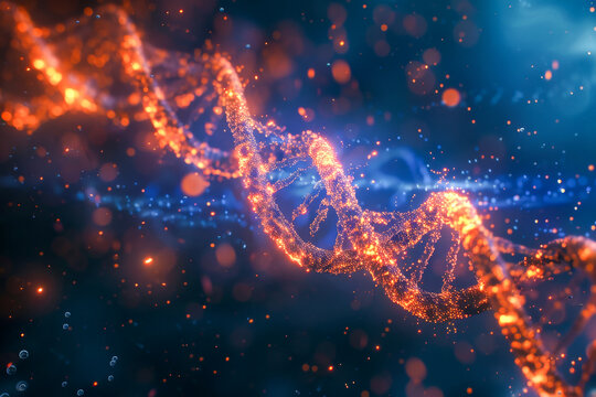 A dynamic DNA strand with glowing orange highlights against a blue background, symbolizing genetic research and biotechnological advancements
