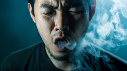 Raucher Person mit viel Rauch und Qualm aus dem Mund hustet wegen Lungenkrebs Passivrauchen Generative AI
