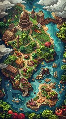 Whimsical fantasy island map with lush greenery, rivers, boats, buildings, and intricate pathways; ideal for storytelling and adventure themes.