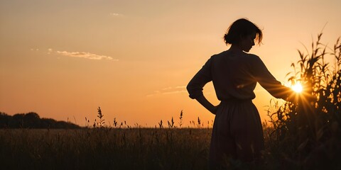 Fototapeta premium young woman in farmer's field at sunset