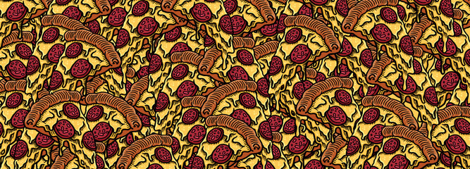 Cartoon pizza illustration slices hand drawn texture pattern background wallpaper horizontal banner design template backdrop art