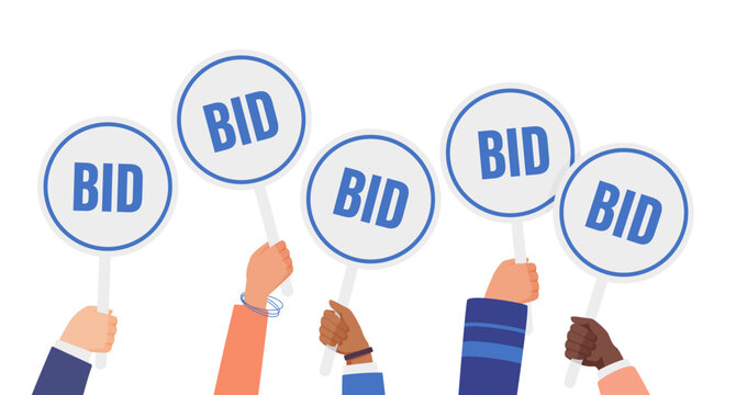 Auction sale and bidding process, financial competition of money offers. Diverse group of bidders and competitors holding Bid paddles in hands to vote and buy valuable item cartoon vector illustration
