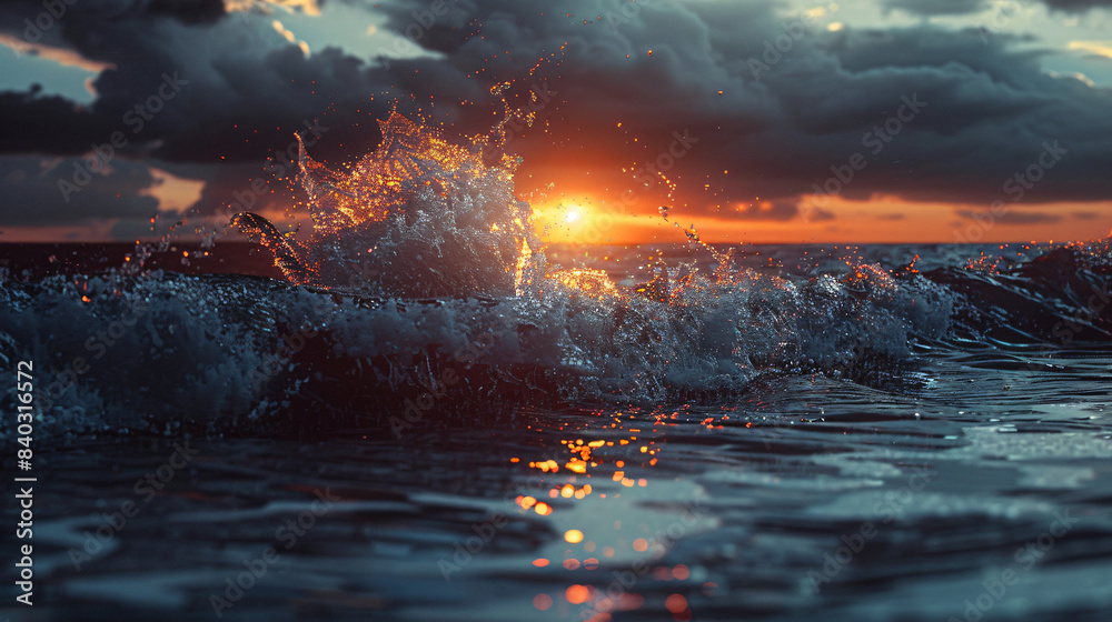 Poster vibrant sunset backdrop with dynamic ocean waves splashing in vivid colors