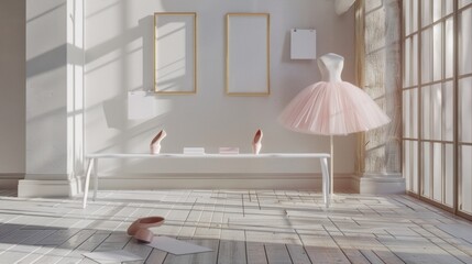 Graceful Ballerina Elegant Rehearsal Space with Pointe Shoes Tutu and Barre Professional Dance Studio Stock Photo