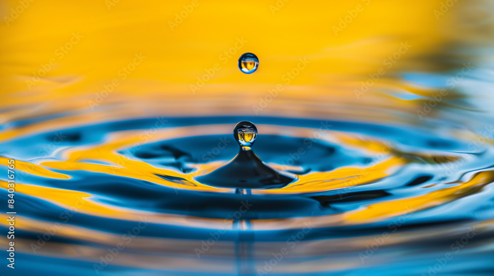 Poster Close-up of a single water drop creating a ripple on a colorful, reflected surface