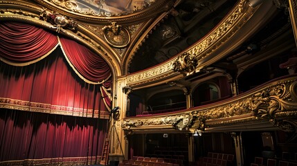 Obraz premium Luxurious French theater interior with red curtains, ornate golden arches, and elegant balcony seating showcasing rich architectural details.