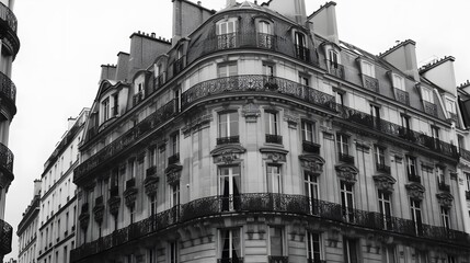 Black and white photograph of a classic French building with ornate balconies and architectural...