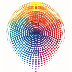 Abstract colorful halftone circular pattern forming a lightbulb shape, rainbow gradient, vector graphic, vibrant and creative design.