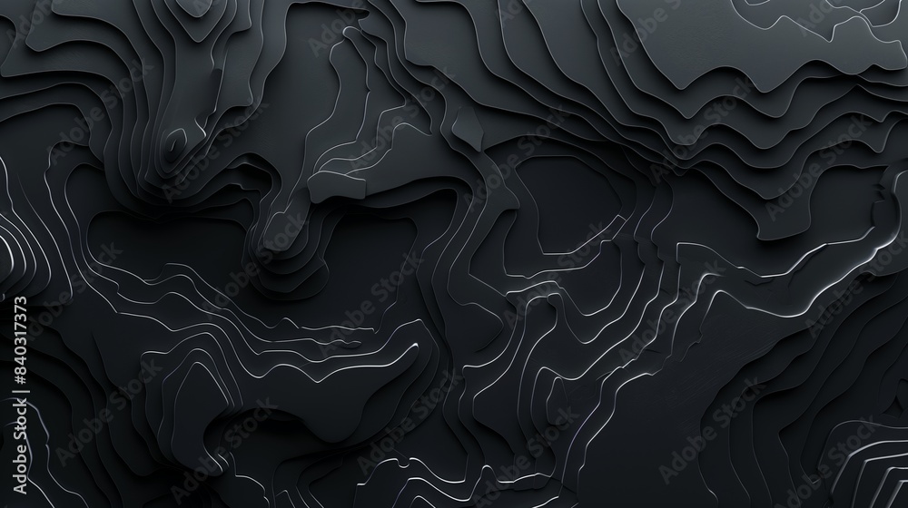 Wall mural A paper cut 3D topographic background, black and gray gradient, dark colors.