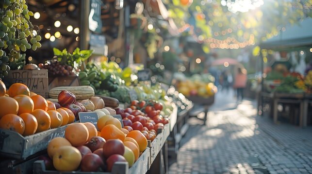 Defocused Scene Of A Customer At A Local Farmers' Market, With Fresh Produce And Friendly Vendors