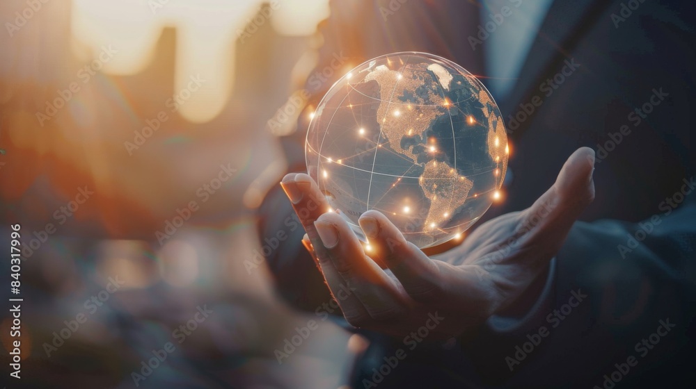 Aufkleber Businessman holding global network connection on social networking and customer data analytics, Business strategy and smart intelligence