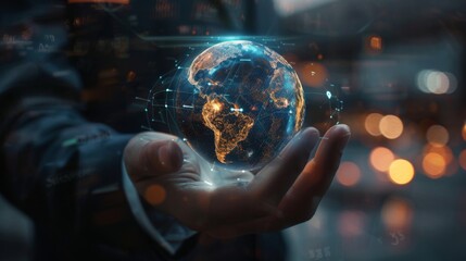 Fototapeta premium Businessman holding global network connection on social networking and customer data analytics, Business strategy and smart intelligence