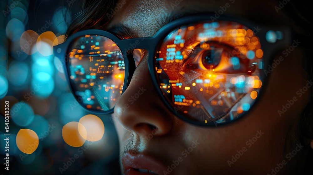 Poster data analytics digital technology and night overlay programmer or it person in glasses on screen pro