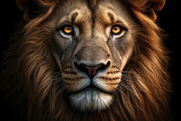 Fototapeta premium Lion portrait on black background. A close-up of a lion’s face, with a focus on the eyes. The lion has a rich, golden mane, and its eyes are looking directly at the viewer.