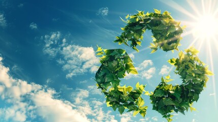 A large recycling symbol made of leaves, set against a vibrant blue sky with a sunburst effect, representing environmental sustainability