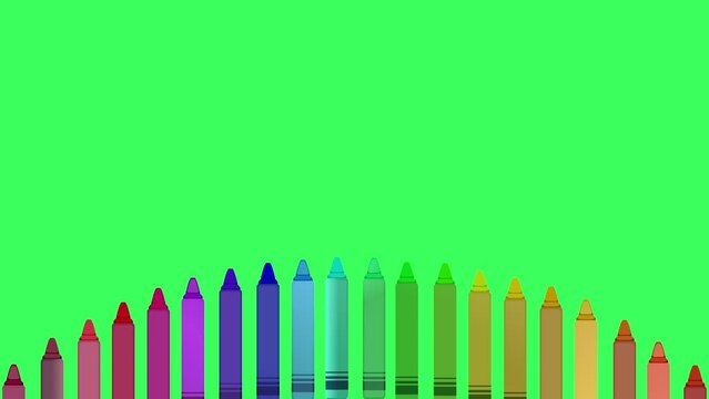 Vibrant colorful caryons animation making half circular pattern at bottom, green screen. back-to-school template, kids' summer camp activities, sed for summer camp fun videos. Custom Text space. 4k