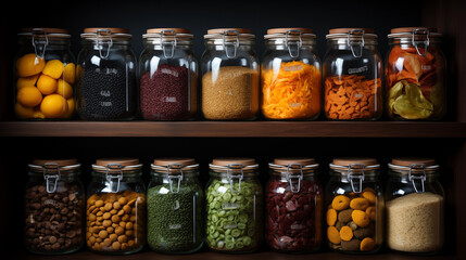 A well-organized pantry with labeled shelves and containers. Dry food items like pasta, rice, and cereals are stored in airtight containers. Jars filled with beans and lentils are neatly arranged on a