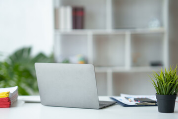 Minimalist workspace with a laptop and potted plant on a white desk. Blurred shelving unit in the background. Suitable for modern office concepts.