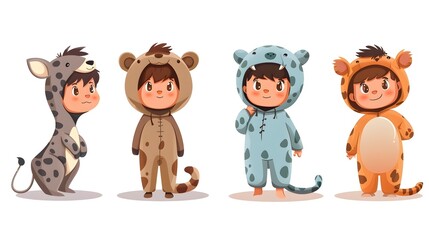 Naklejka premium Adorable Cartoon Kids Dressed in Whimsical Animal Costumes Playing with Imagination