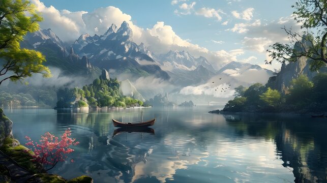 Baisha Lake, A lesser-known lake with clear waters and a peaceful atmosphere, set against a backdrop of mountains