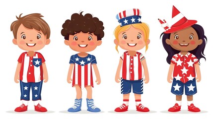 Delightful Patriotic Cartoon Kids in Striking Outfits Celebrating with Stars and Stripes