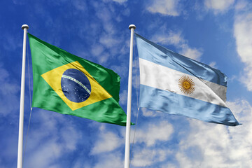 3D illustration. Brazil and Argentina Flag waving in the sky. High detailed waving flag. 3D render....