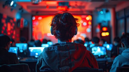 Obraz premium a crowd of spectators in a dark conference room is watching the presentation.image illustration