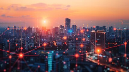 City scape and network icon connection concept