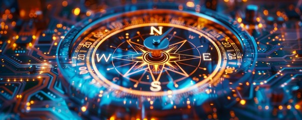 Futuristic Compass on a Circuit Board close up, focus on, copy space Neon lights, advanced technology, sleek design, Double exposure silhouette with circuits and compass