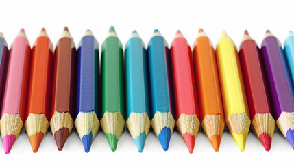 Naklejka premium A row of colorful pencils are lined up on a white background