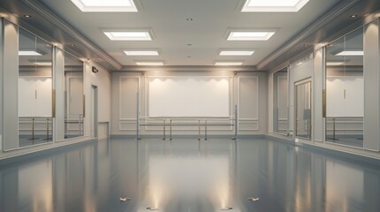 Obraz premium Enchanting Dance Studio Elegant Ballet Barres Mirrored Walls and Rows of Dance Shoes Perfect for Business Cards and More