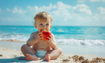 Adorable Toddler Enjoys Red Apple on Sunny Beach by the Sea