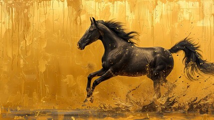 background vintage illustration horse chinoiserie golden brushstrokes textured background oil on canvas modern art wallpapers posters cards murals prints wall art.stock photo