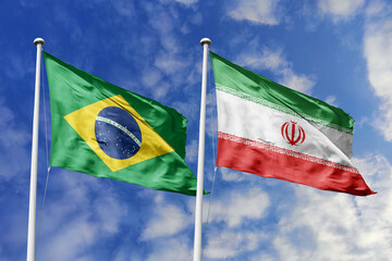 3D illustration. Brazil and Iran Flag waving in the sky. High detailed waving flag. 3D render....