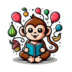 A monkey design colours drawing graphic with balloons and a book Vibrant highquality engaging professional.