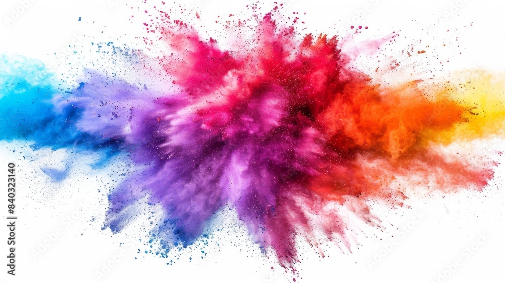 Poster colored powder explosion on white background. abstract closeup dust on backdrop. colorful explode.