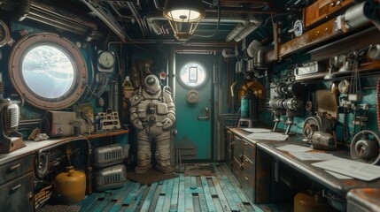 Exploring the Depths Dive Prep Room with Blank Business Cards Diving Suits Oxygen Tanks and Underwater Cameras