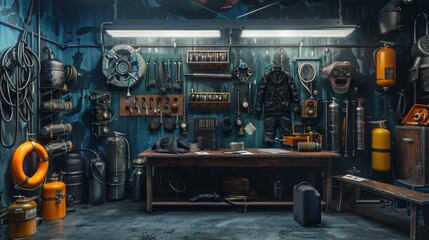 Fototapeta premium Underwater Adventure Dive Gear Room with Diving Suits Oxygen Tanks and Photography Equipment