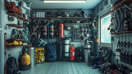 Underwater Adventure Dive Gear Room with Diving Suits Oxygen Tanks and Photography Equipment