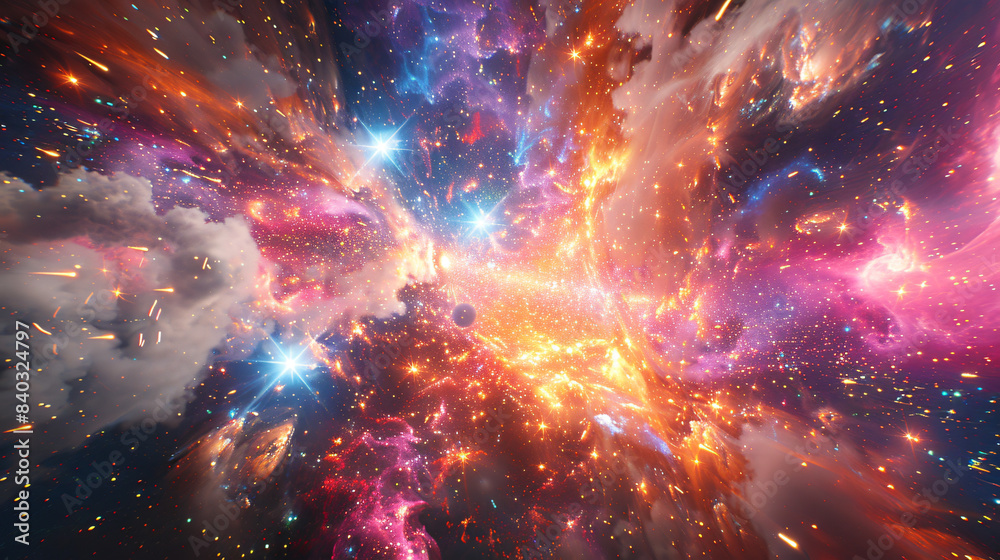 Poster dynamic and colorful depiction of a cosmic explosion among stars and planets