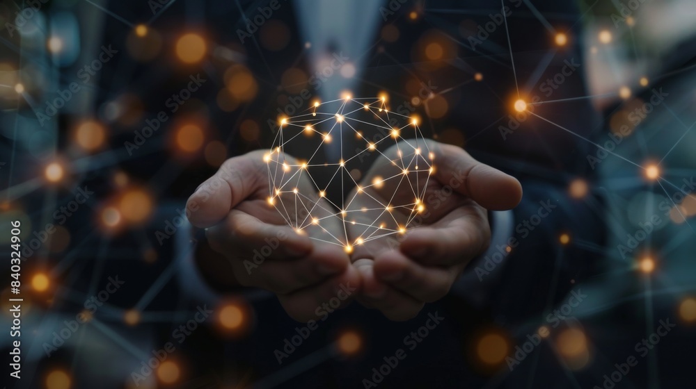 Poster CRM. Customer network relationship management concept, Businessman hold of global structure customer network technology, Data exchanges development.