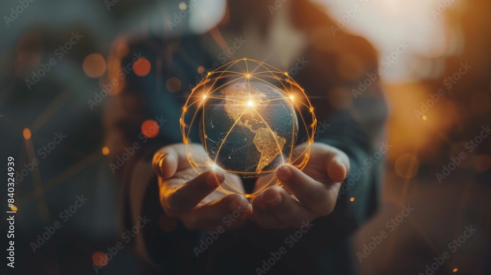 Aufkleber CRM. Customer network relationship management concept, Businessman hold of global structure customer network technology, Data exchanges development.
