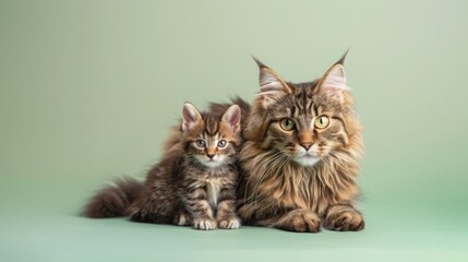 A Maine Coon cat and a smaller kitten sit side by side on a green background. The adult cat has long, flowing fur and green eyes. The kitten is smaller and has brown fur and blue eyes. Both cats are