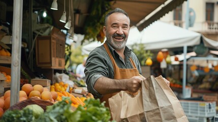 Vendeur joyeux sur un march&eacute; de fruits et l&eacute;gumes.