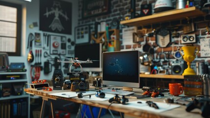 HighSpeed Thrills Professional Drone Racer's Workshop with Racing Drones Controllers and Trophies Stock Image