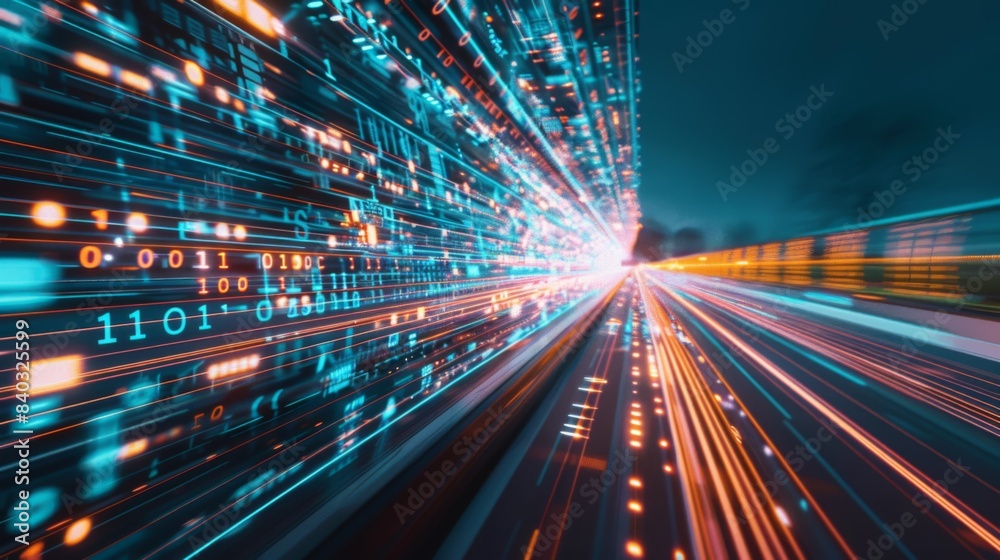 Leinwandbilder Digital data flow on road with motion blur to create vision of fast speed transfer . Concept of future digital transformation