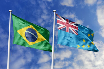 3D illustration. Brazil and Tuvalu flags waving in the sky. High detailed waving flag. 3D render....