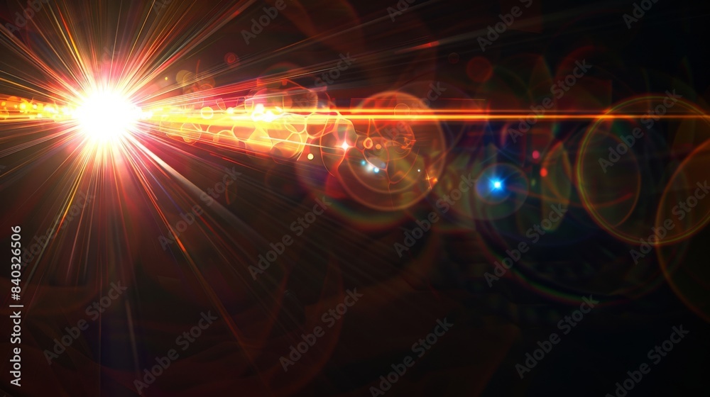 Aufkleber Easy to add lens flare effects for overlay designs or screen blending mode to make high-quality images. Abstract sun burst, digital flare, iridescent glare over black background.