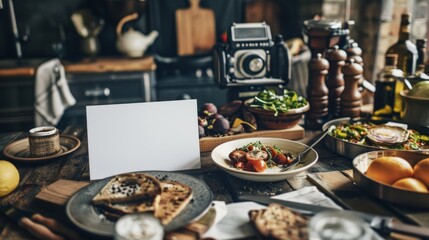 Artfully Crafted Culinary Composition Professional Food Stylist's Tools Gourmet Dishes and Business Cards on Set